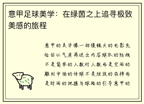意甲足球美学：在绿茵之上追寻极致美感的旅程