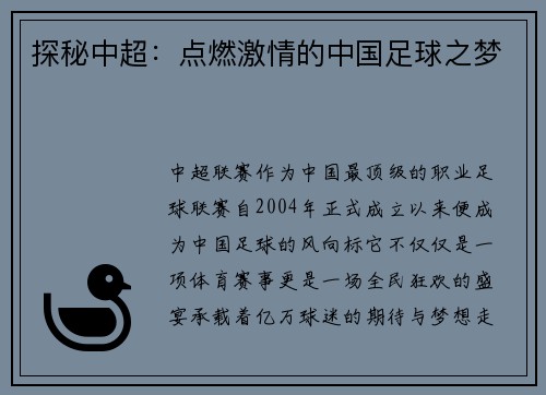探秘中超：点燃激情的中国足球之梦